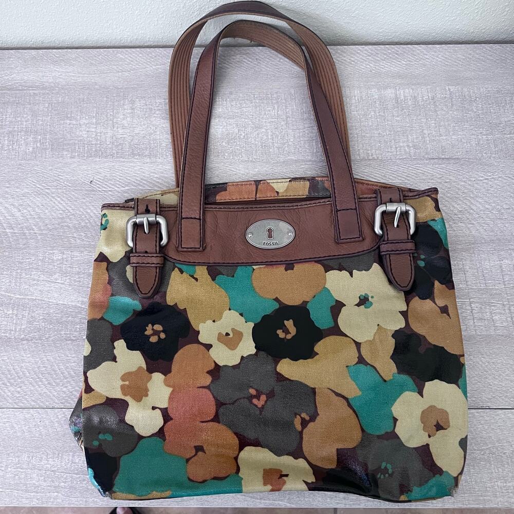 FOSSIL Key-Per Floral Tote Shoulder‎ Purse Brown Handbag